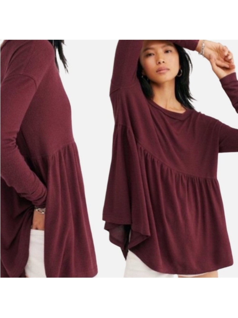 Free People Long Sleeve Peplum Top in Burgundy